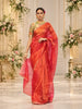 Coral Red Orange Striped Zari Woven Design Pure Organza Saree with Scalloped Sequins Border