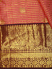 Coral Rose Pink Checked  and Peacock Zari Woven Design Pure Kanchipuram Silk Saree with Contrast Zari Border