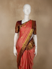 Coral Rose Pink Checked  and Peacock Zari Woven Design Pure Kanchipuram Silk Saree with Contrast Zari Border