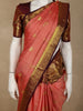 Coral Rose Pink Checked  and Peacock Zari Woven Design Pure Kanchipuram Silk Saree with Contrast Zari Border