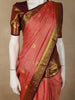 Coral Rose Pink Checked  and Peacock Zari Woven Design Pure Kanchipuram Silk Saree with Contrast Zari Border