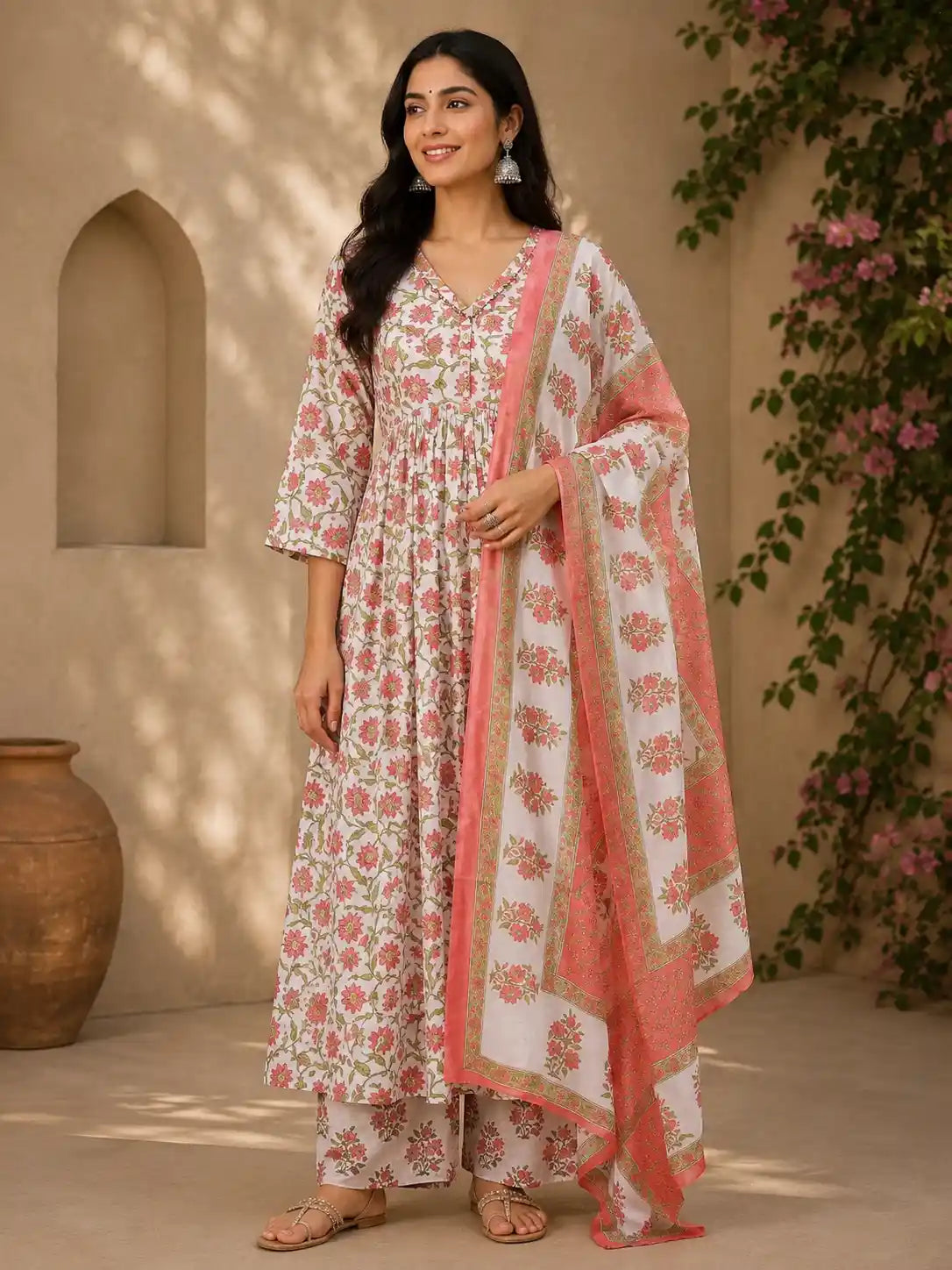 Coral Floral Printed Anarkali Cotton Salwar Suit