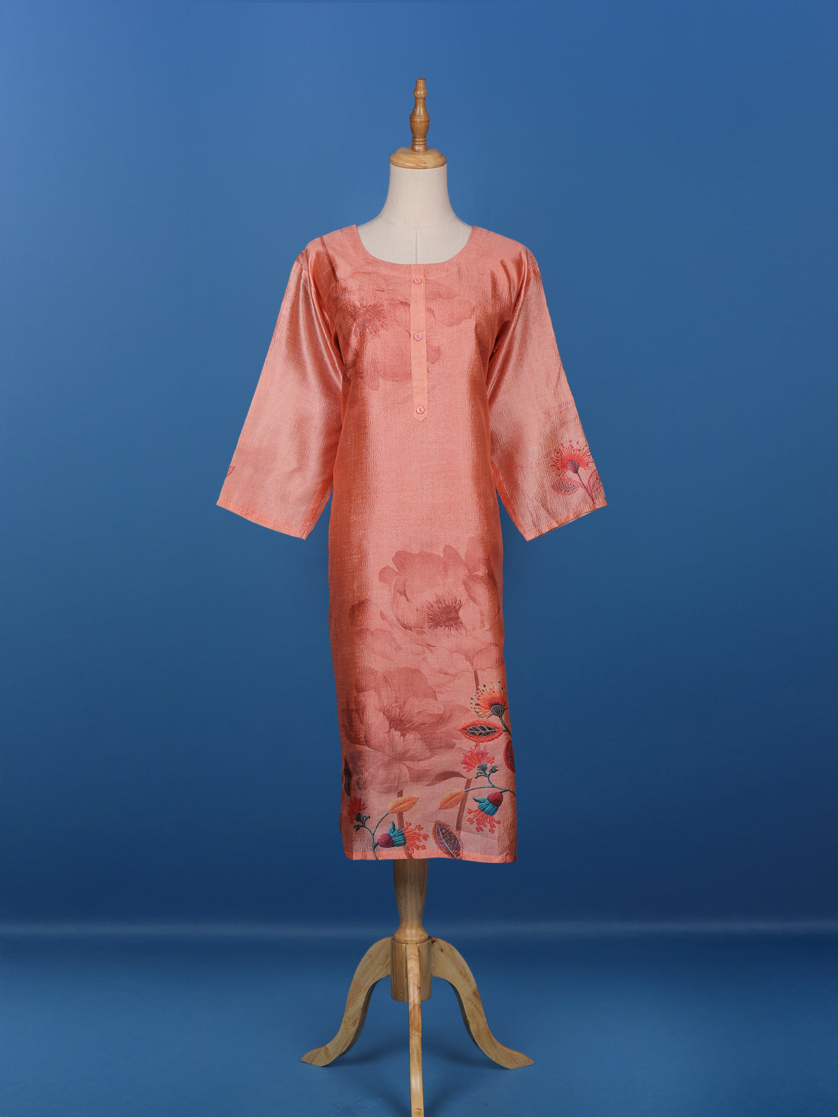 Coral Floral Printed Semi Silk Kurti - Diadem