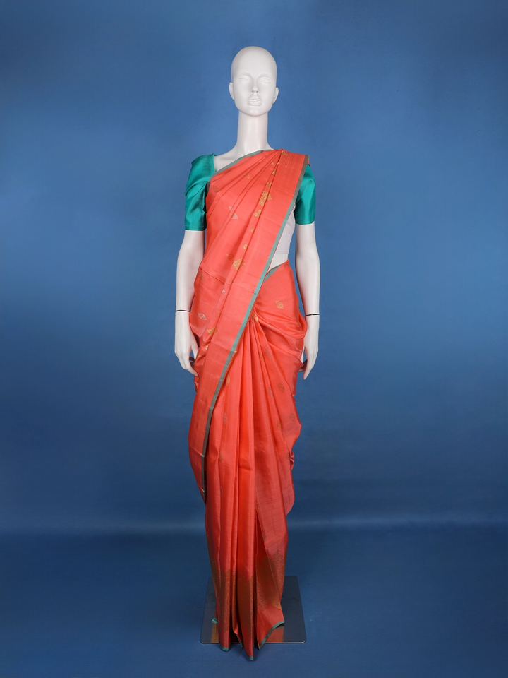 Coral Orange Woven Zari Border Silk Saree - Diadem