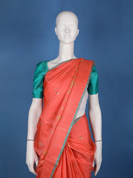 Coral Orange Woven Zari Border Silk Saree - Diadem