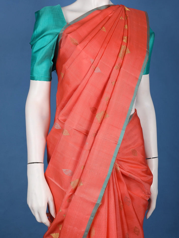 Coral Orange Woven Zari Border Silk Saree - Diadem