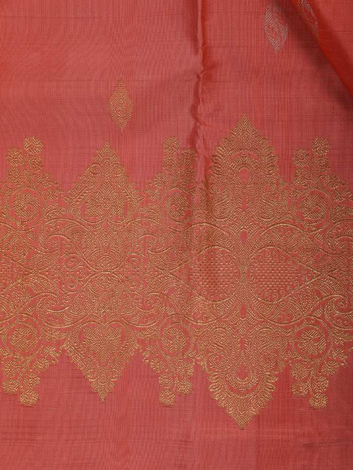 Coral Orange Woven Zari Border Silk Saree - Diadem