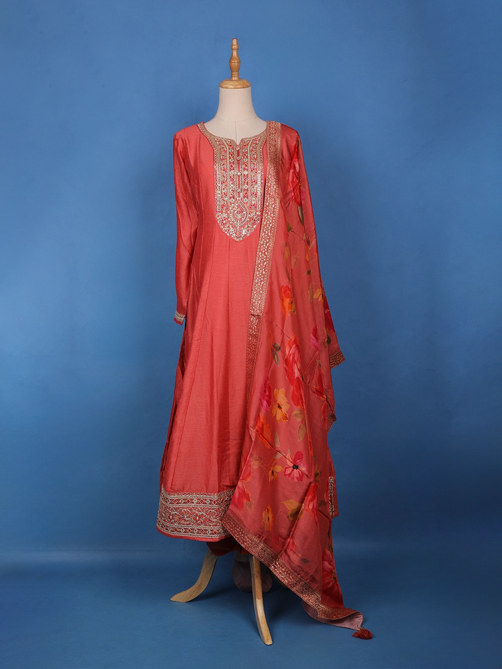 Coral Peach Floral Digital Print with Intricate Embroidery Georgette Salwar Suit - Diadem