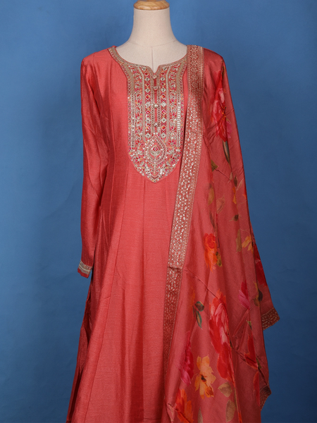 Coral Peach Floral Digital Print with Intricate Embroidery Georgette Salwar Suit - Diadem