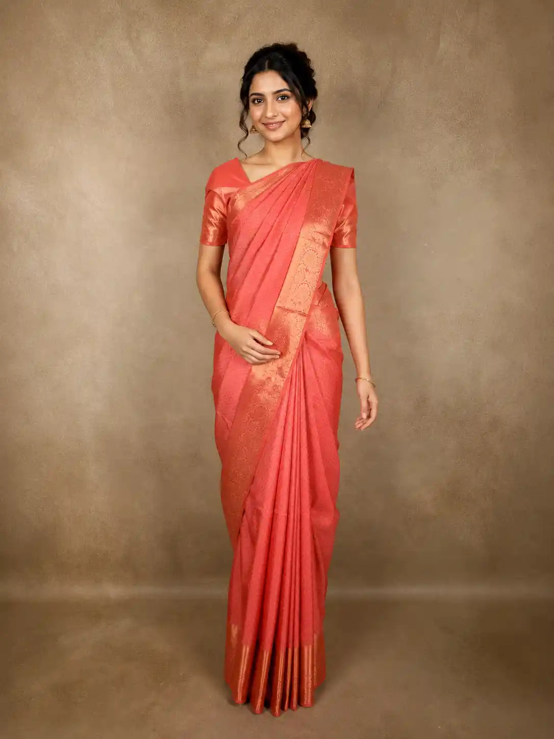Coral Peach Geometric Zari Woven Design Pure Kanchipuram Silk Saree with Zari Border