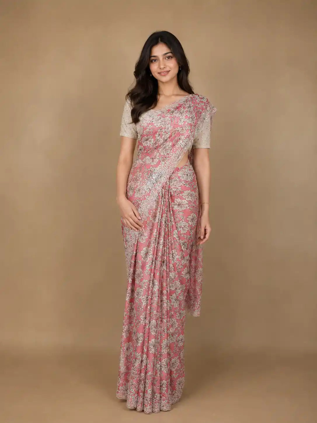 Coral Pink Floral Design Print Satin Saree
