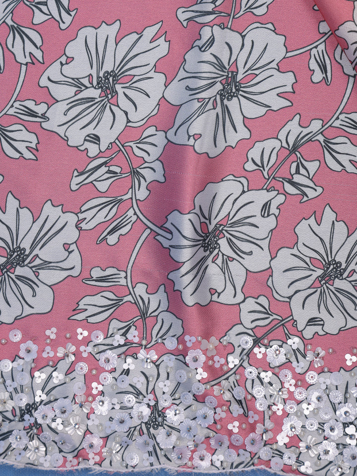 Coral Pink Floral Design Print Satin Saree - Diadem