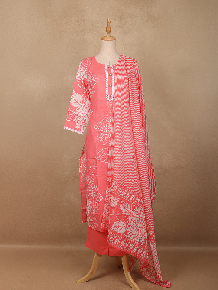 Coral Pink Floral Design Printed Cotton Salwar Suit - Diadem