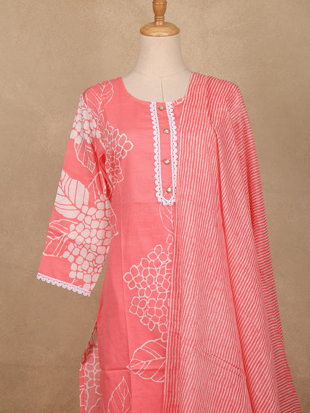 Coral Pink Floral Design Printed Cotton Salwar Suit - Diadem