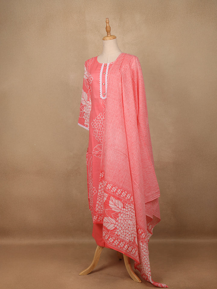 Coral Pink Floral Design Printed Cotton Salwar Suit - Diadem