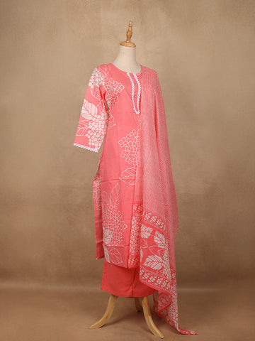 Coral Pink Floral Design Printed Cotton Salwar Suit - Diadem