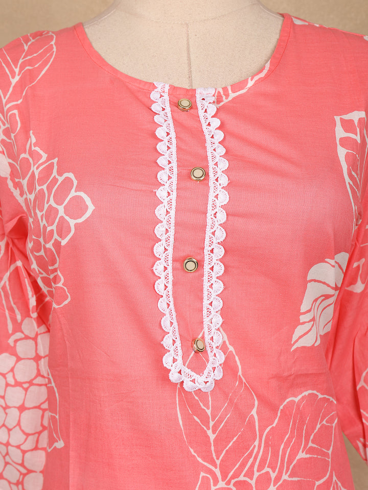 Coral Pink Floral Design Printed Cotton Salwar Suit - Diadem