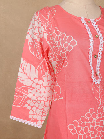 Coral Pink Floral Design Printed Cotton Salwar Suit - Diadem