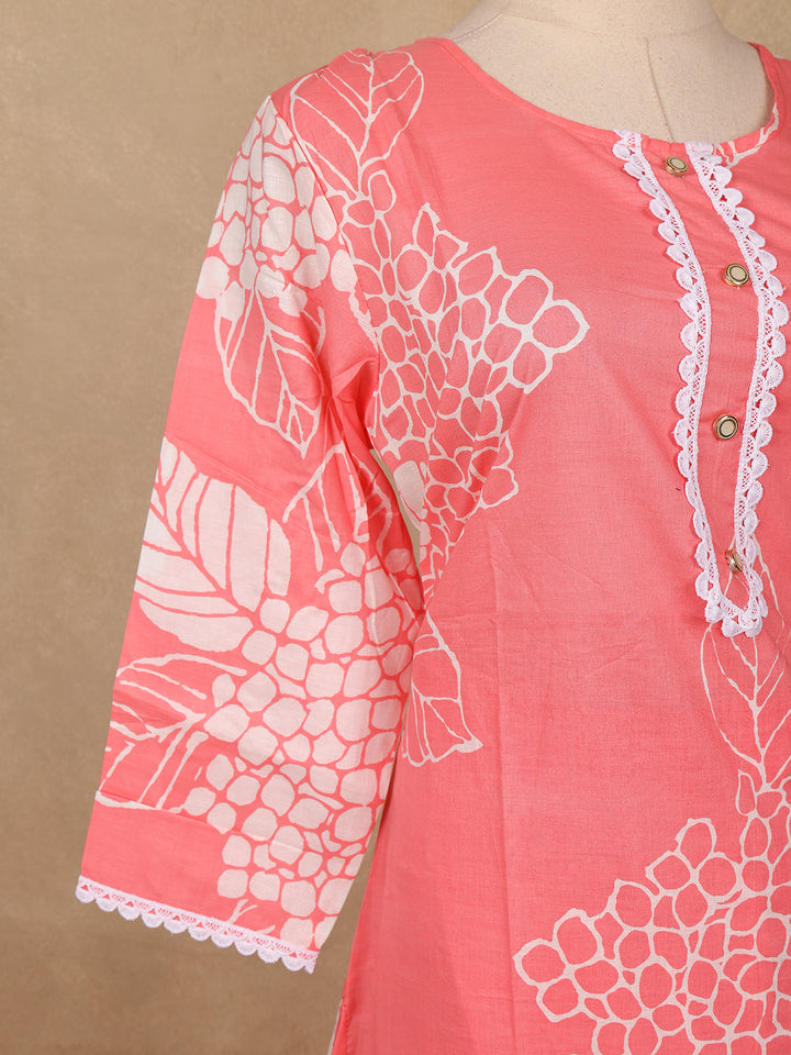 Coral Pink Floral Design Printed Cotton Salwar Suit - Diadem