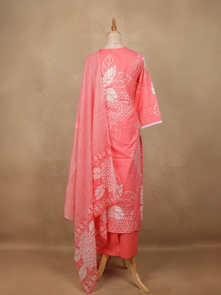 Coral Pink Floral Design Printed Cotton Salwar Suit - Diadem