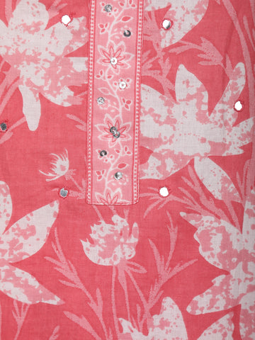 Coral Pink Floral Printed Cotton Salwar Suit - Diadem