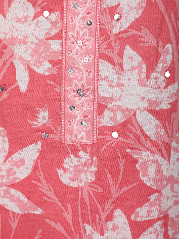 Coral Pink Floral Printed Cotton Salwar Suit - Diadem