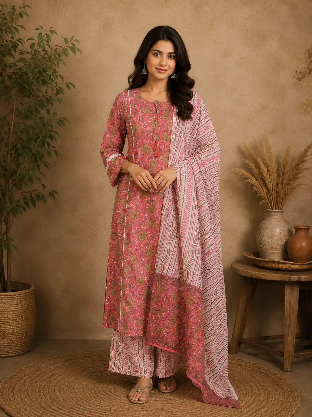 Coral Pink Floral Printed Cotton Salwar Suit with Tassel Detailing and Dupatta
