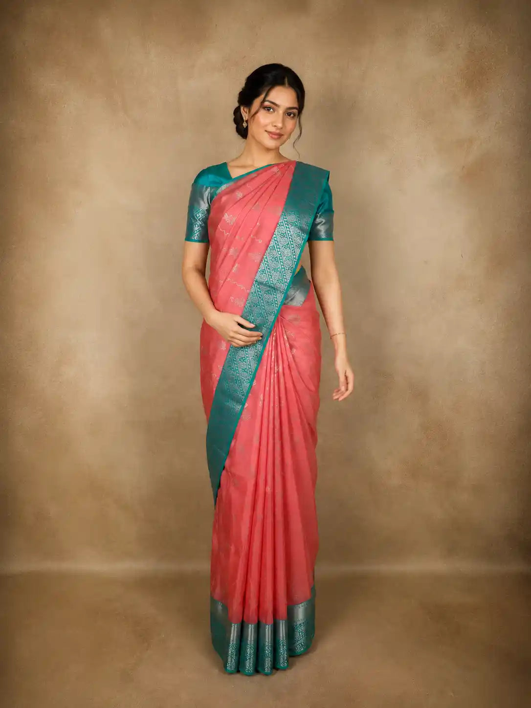 Coral Pink Floral Woven Design Pure Kanchipuram Silk Saree with Contrast  Zari Border