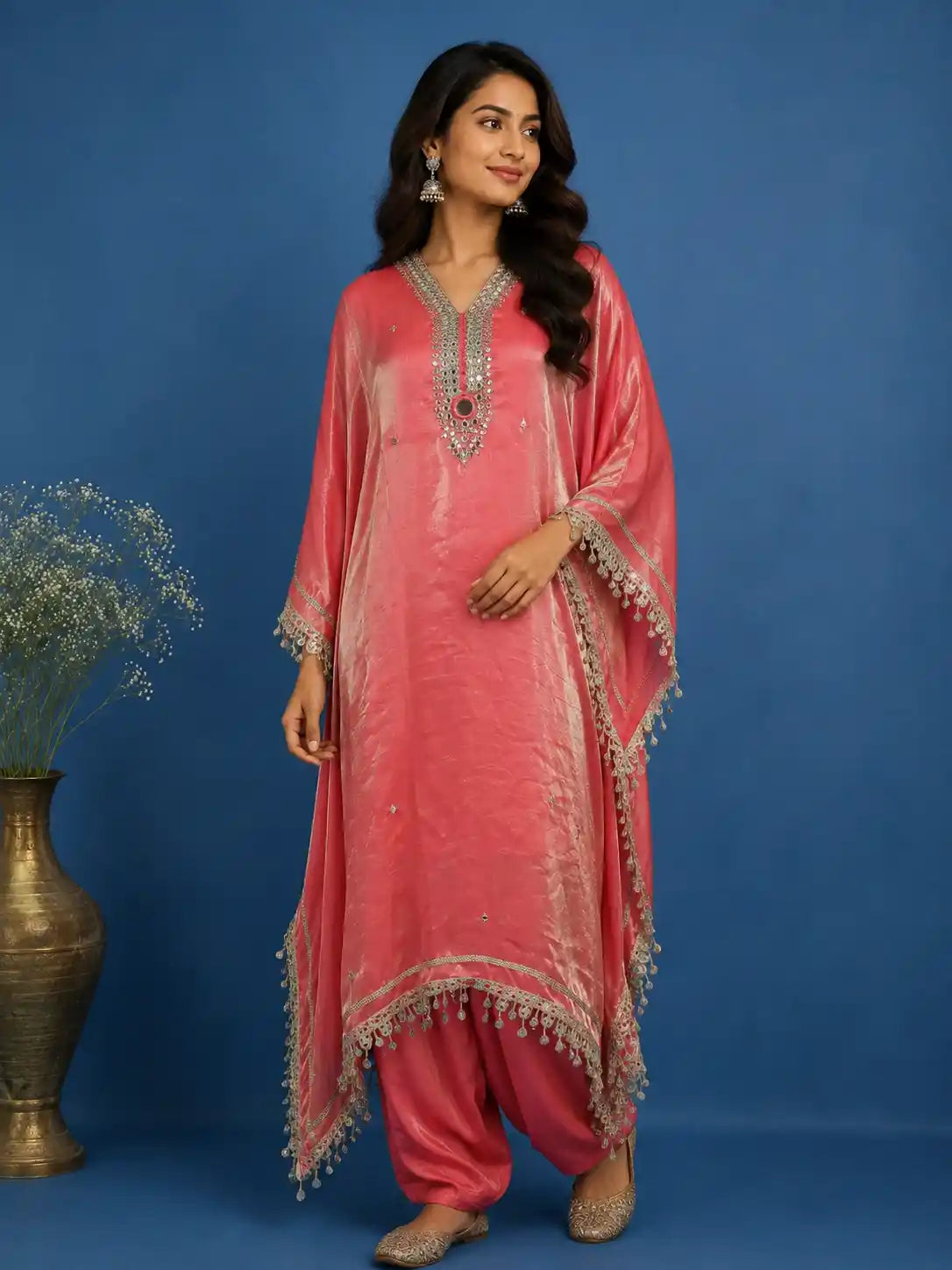 Coral Red Mirror Work Semi Silk Kaftan Suit