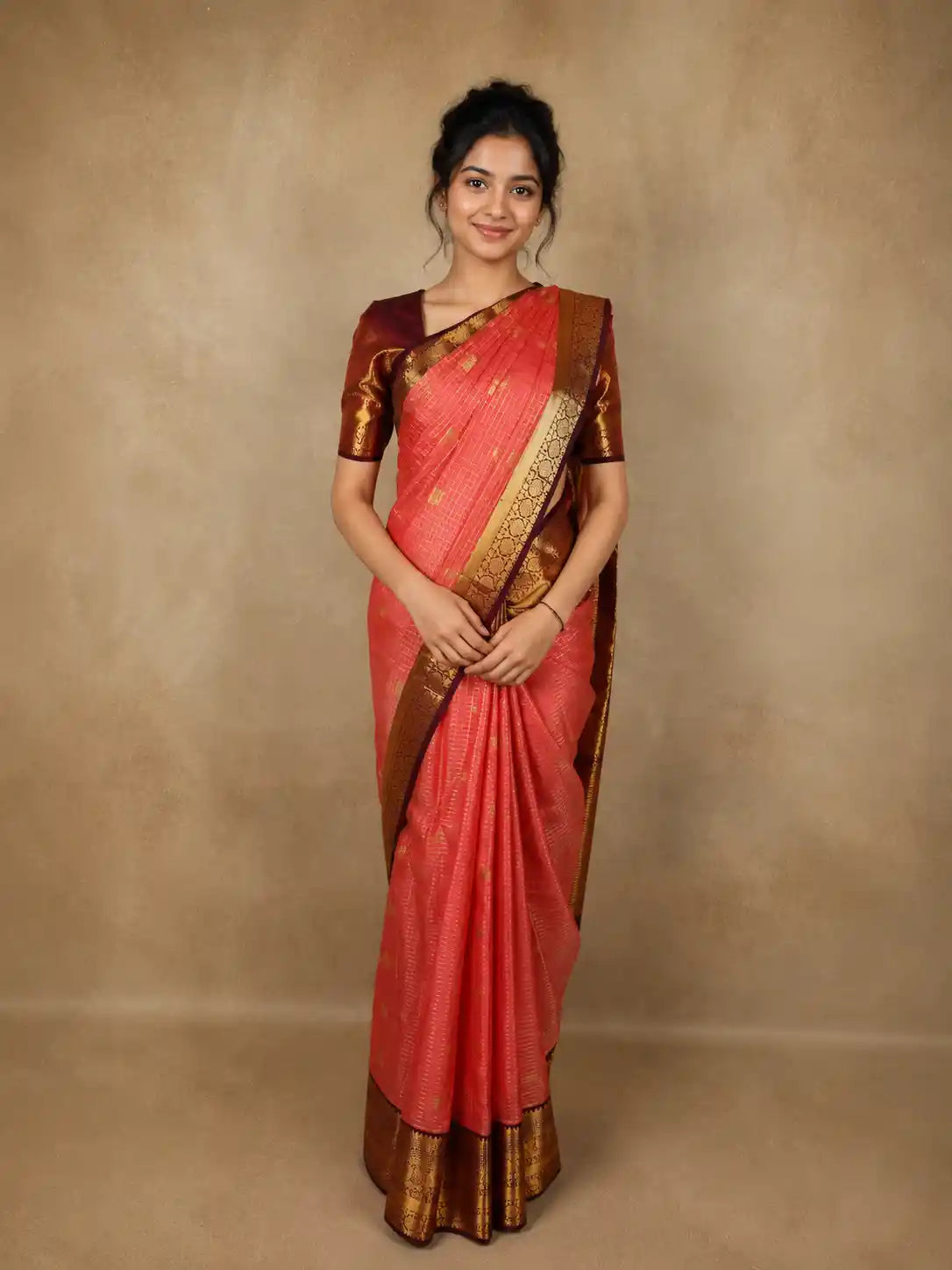 Coral Rose Pink Checked  and Peacock Zari Woven Design Pure Kanchipuram Silk Saree with Contrast Zari Border