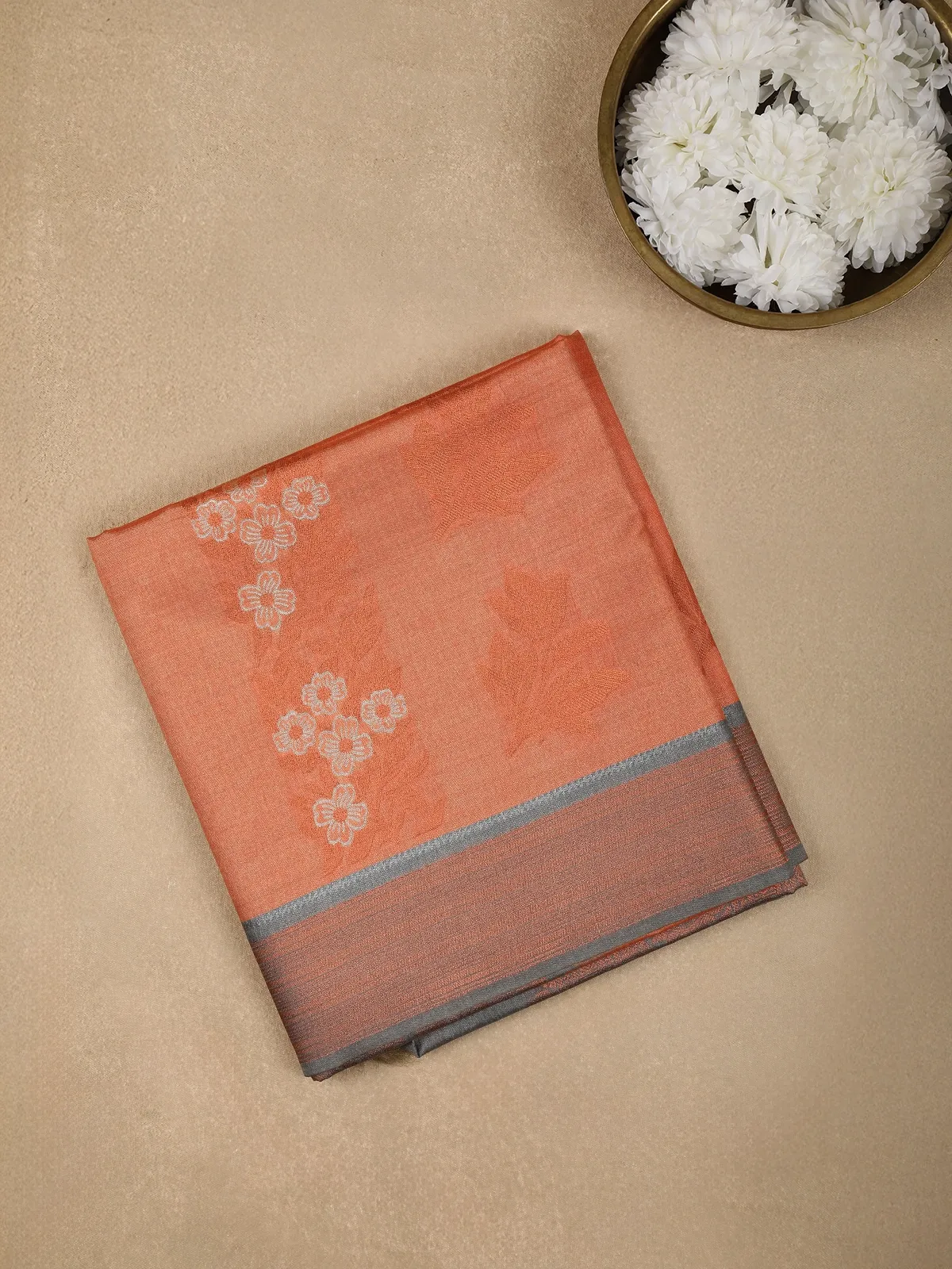 Coral Semi Tussar Silk Floral Designed Saree - Diadem