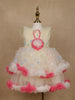 Cream 3D Floral Layered Party Net Frock with Pink Ruffle Accents