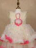Cream 3D Floral Layered Party Net Frock with Pink Ruffle Accents