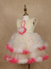 Cream 3D Floral Layered Party Net Frock with Pink Ruffle Accents
