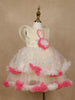 Cream 3D Floral Layered Party Net Frock with Pink Ruffle Accents