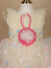 Cream 3D Floral Layered Party Net Frock with Pink Ruffle Accents