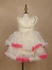 Cream 3D Floral Layered Party Net Frock with Pink Ruffle Accents