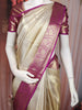 Cream Abstract Woven Design Pure Kanchipuram Silk Saree with Purple Zari Woven Border