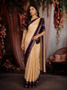 Cream Beige Checked Woven Design Pure Kanchipuram Silk Saree with Contrast Peacock Zari Border