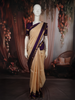 Cream Beige Checked Woven Design Pure Kanchipuram Silk Saree with Contrast Peacock Zari Border