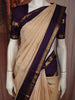 Cream Beige Checked Woven Design Pure Kanchipuram Silk Saree with Contrast Peacock Zari Border