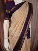 Cream Beige Checked Woven Design Pure Kanchipuram Silk Saree with Contrast Peacock Zari Border