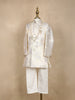 Cream Floral Brocade Kids Semi Silk Sherwani Set with White Pants