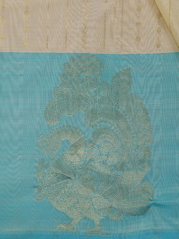 Cream Floral Butti Stripes Woven Pure Kanchipuram Silk Saree - Diadem