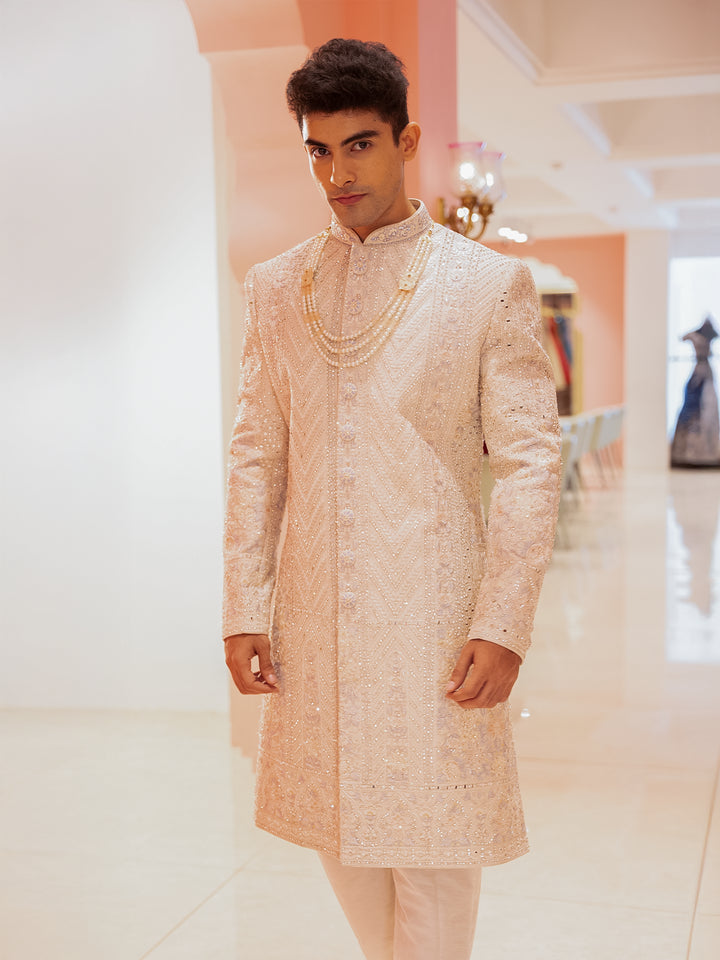 Cream Floral Embroidered Cotton Sherwani Suit - Diadem