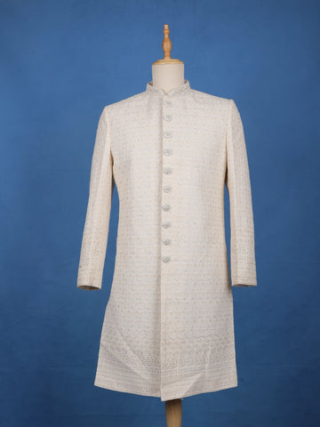 Cream Floral Embroidered Cotton Sherwani Suit - Diadem