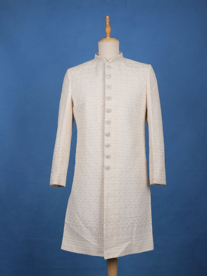 Cream Floral Embroidered Cotton Sherwani Suit - Diadem