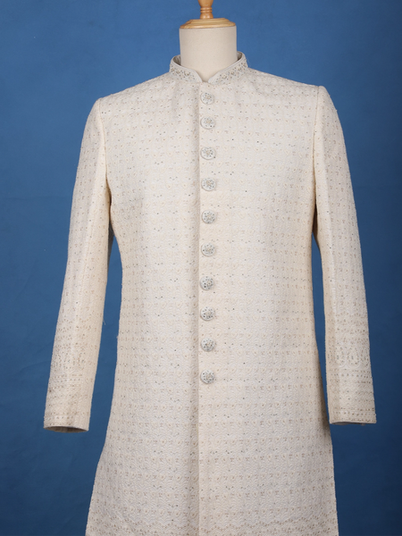 Cream Floral Embroidered Cotton Sherwani Suit - Diadem