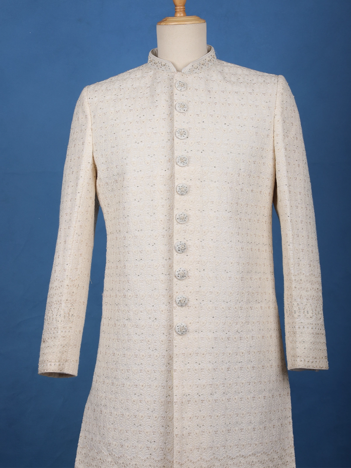 Cream Floral Embroidered Cotton Sherwani Suit - Diadem
