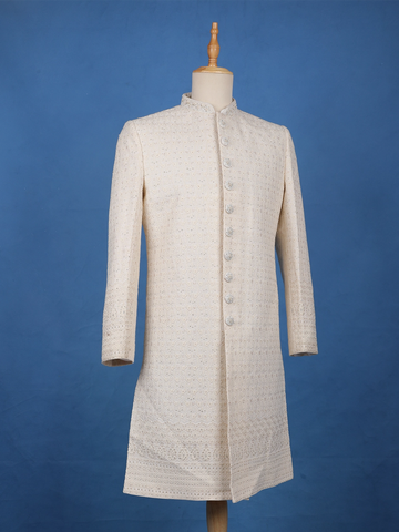 Cream Floral Embroidered Cotton Sherwani Suit - Diadem